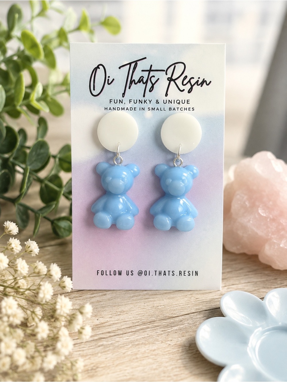 Handmade Baby Blue Teddy Bear Dangle Earrings | Kawaii Resin Earrings